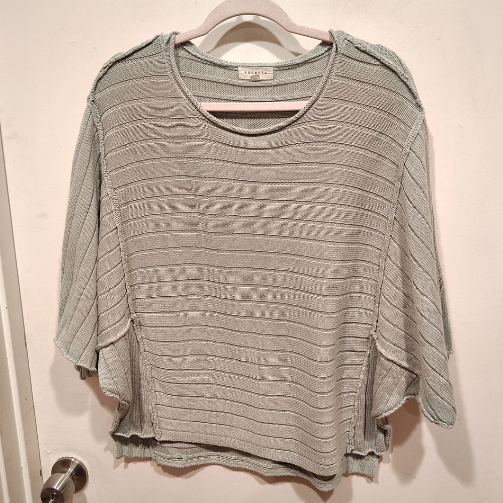 Promesa Sage Green Exposed Seam Born Free Stripe Knit Slouchy Sweater Sz M Boho